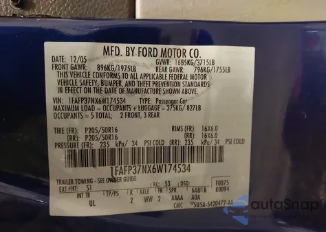 2006 Ford Focus Zx5 from USA, damaged, VIN 1FAFP37NX6W174534